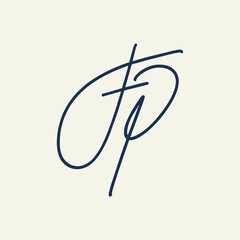 FP monogram logo.Calligraphic signature icon.Uppercase letter f, letter p characters.Lettering sign isolated on light fund.Wedding, fashion, beauty alphabet initials.Handwritten style.