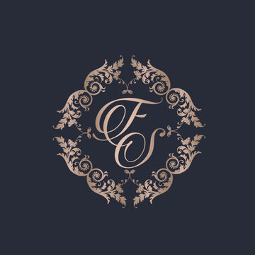 FS monogram logo.Letter f, letter s alphabet initials.Calligraphic lettering sign.Decorative style floral frame for brand identity.Elegant, beauty, spa, deco design metallic font.	