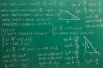 Many different math formulas written on green chalkboard