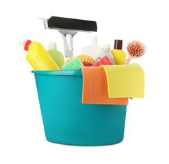 Light blue plastic bucket with cleaning supplies and tools isolated on white