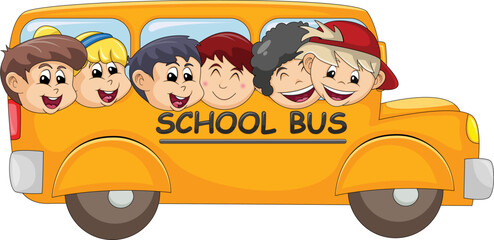 School bus filled with happy children cartoon vector illustration