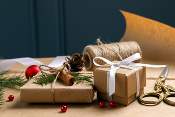 Beautiful gift boxes and decorations on wrapping paper. Christmas present