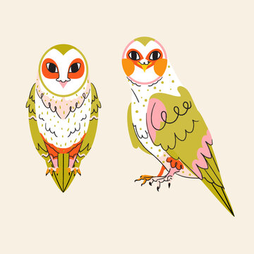 Vector owl characters set. Cute forest bird illustration isolated on beige background. Autumn Halloween season