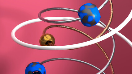3d atoms move along its paths. Abstract scientific 3d illustration background