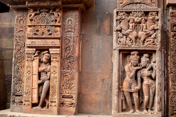Ancient sandstone carvings on the walls of the ancient Indian temple.13th century A.D. Suka Sari temples, Bhubaneswar, Odisha, India.