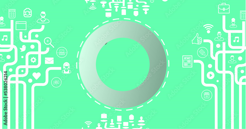 Poster illustration of multicolored circle and application icons with lines on green background, copy space