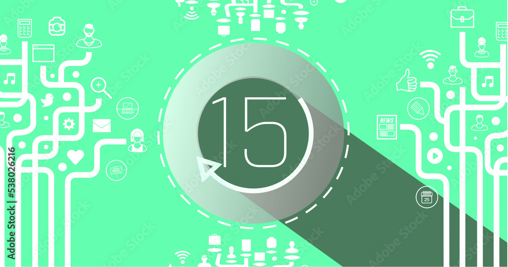 Poster Illustration of number 15 in circle with loading arrow and application icons with lines