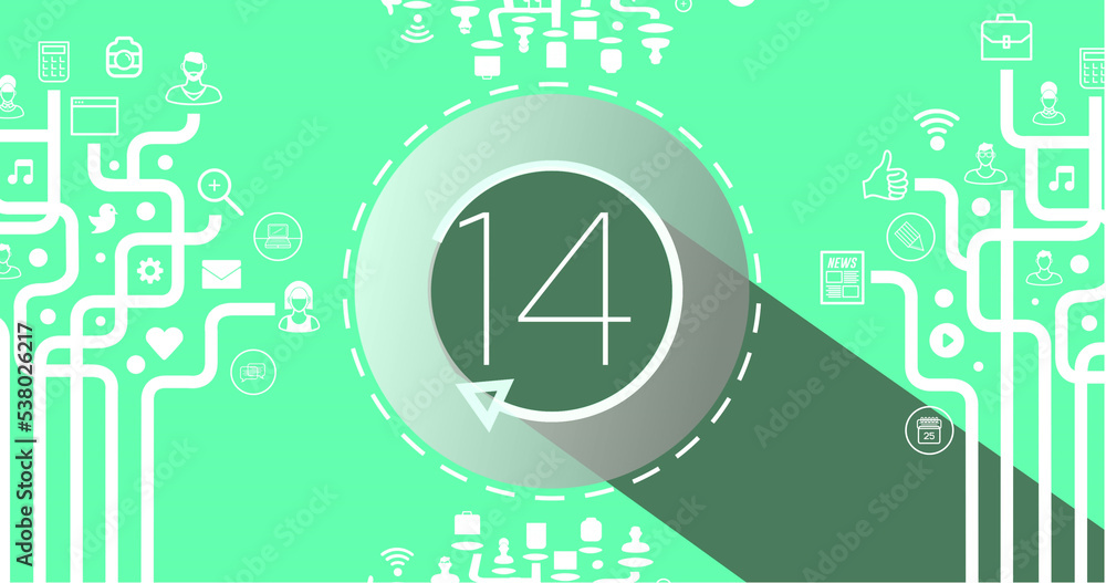 Poster Illustration of number 14 in circle with loading arrow and application icons with lines