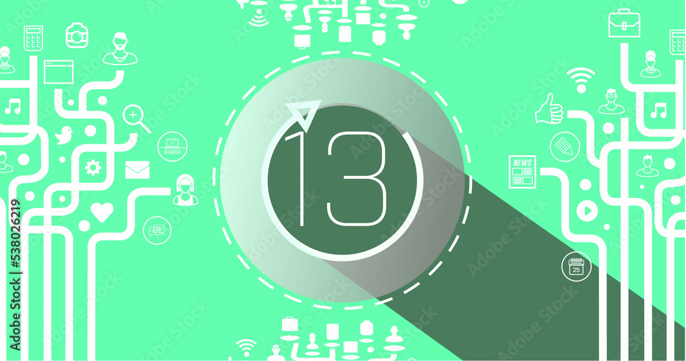 Poster Illustration of number 13 in circle with loading arrow and application icons with lines