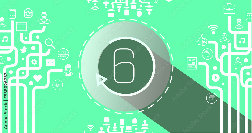 Poster Illustration of 6 number in circle with loading arrow and application icons with lines