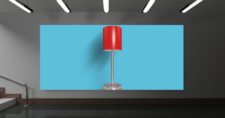 Illustration of red electric lamp over blue wallpaper on gray wall and lights on ceiling