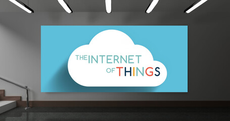Illustration of the internet of things in cloud on blue wallpaper over gray wall under lights