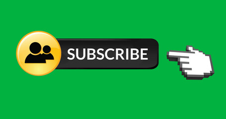 Illustration of finger pointing at subscribe text with profile icons over green background