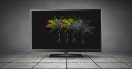 Obraz premium Illustration of television screen with blurred palm trees against gray background, copy space