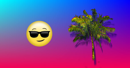 Illustration of palm tree with emoji wearing black sunglasses against multicolored background
