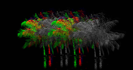 Illustration of multicolored distorted palm trees against black background, copy space
