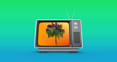 Illustration of palm tree with glitch on television screen against gradient background