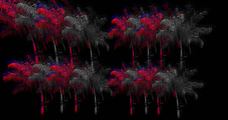 Illustration of multicolored blurred palm trees against black background