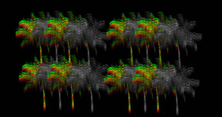 Illustration of distorted palm trees against black background, copy space