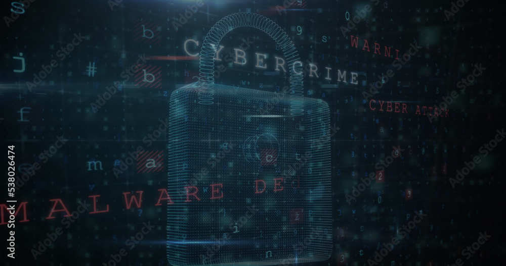 Poster illustration of padlock with multiple words, letters and numbers over abstract background