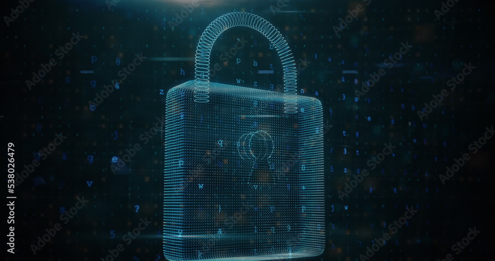 Poster illustration of digital padlock with numbers and letters against abstract background