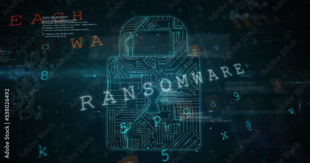 Poster illustration of multiple words with text, programming language and circuit board patterned padlock