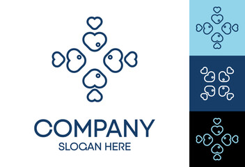 Shoal of fish logo icon, design template, flat vector illustration, fish sign heart idea. Symbol restaurant, company, product, business, store. Concept love fishing, seafood, ocean food, shape animal.