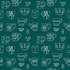 Seamless doodle art pattern with tea cups