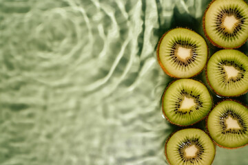 Kiwi slices lie on surface of rippled transparent fresh green water gel with fleck, waves, shadow, expanding circles