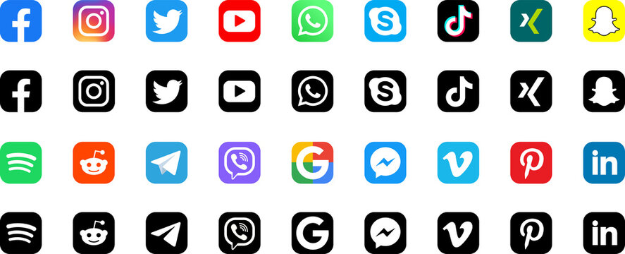 Social media icons. Facebook, twitter, instagram, youtube, snapchat, pinterest, whatsap, linkedin, periscope, vimeo. Collection of popular social media logo. PNG image