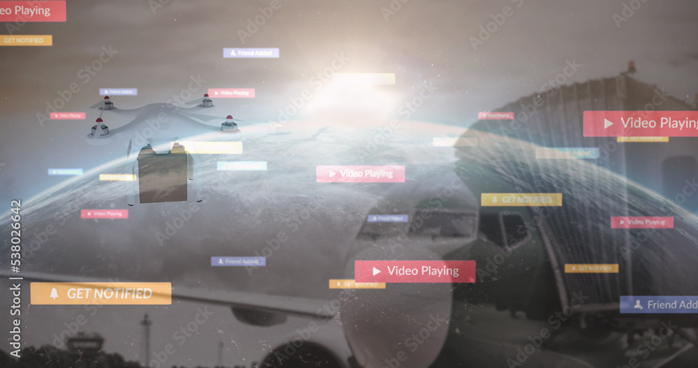 Poster composite of multiple words and drone carrying box over illuminated globe and ship, copy space