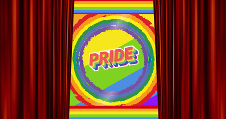 Illustration of pride text in multicolored circle with open curtain in movie theater, copy space