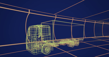 Illustration of grid patterned truck model over square shapes against blue background, copy space