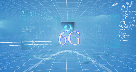 Illustration of 6g text with globe with mathematical equations against blue background, copy space