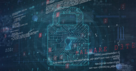 Illustration of padlock with circuit board pattern over programming language, number and letters
