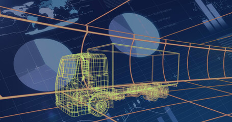 Illustration of 3d model truck against infographic interface in background, copy space