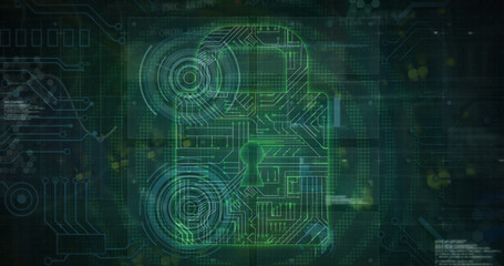 Obraz premium Illustration of circles with circuit board patterned padlock and database over abstract background