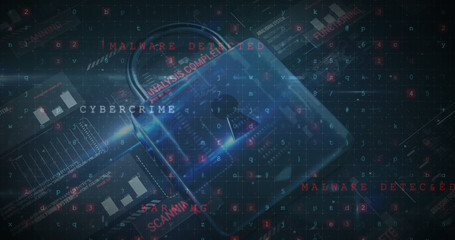 Illustration of multiple words, letters and numbers over padlock and infographic interface