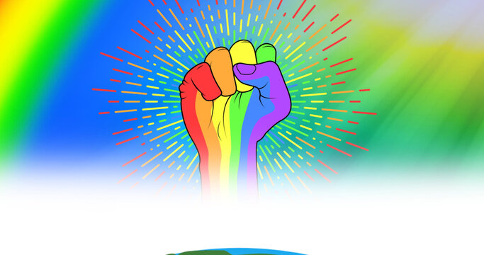 Illustration of cropped hand clenching fist with rays against multicolored background, copy space