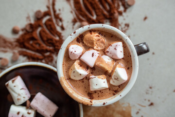 Cacao, coffee, hot chocolate with marshmallows