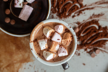 Cacao, coffee, hot chocolate with marshmallows