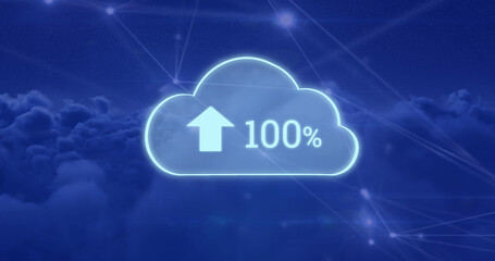Composite of 100 number with up arrow and percentage sign in cloud and connected dots against sky