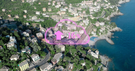 Composite of 16 percent text with up arrow sign over aerial view of cityscape and sea, copy space