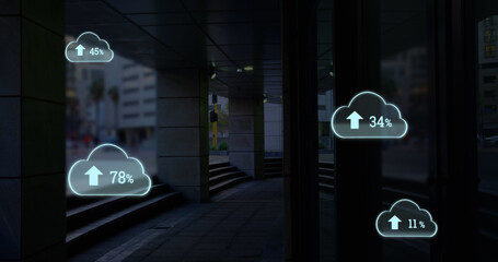 Composite of multiple number with arrow up and percentage signs in clouds over columns in building