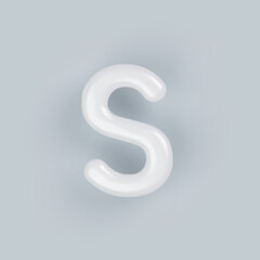 3D White plastic uppercase letter S with a glossy surface on a gray background.