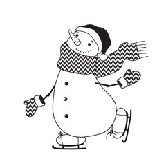 cute snowman skating vector illustration with cartoon character good for card and print design