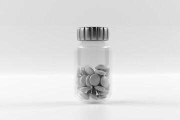 Black and white images of plastic bottle filled with pills on white background.3d render