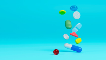 A group of antibiotic pill capsules falling. Healthcare and medical 3D render background.