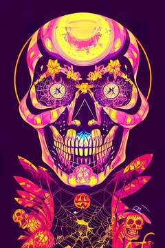 Illustration of a skull painted in the style of the day of the dead
