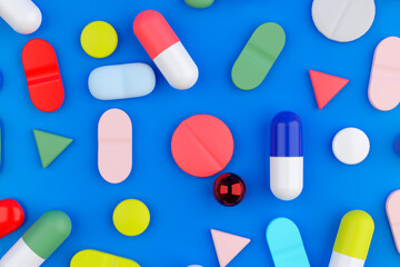 A background filled with various medical pills and health capsules. 3D render